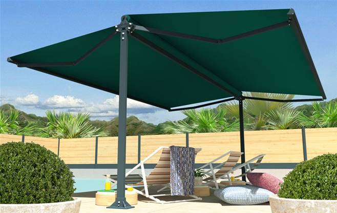 Store abris terrasse double pente 240 toile Dickson Orchestra sur-mesure
