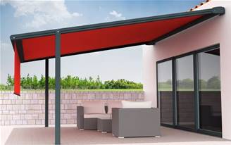 Store pergola en aluminium motorisée toile rétractable Tibelly Plus adossée sur-mesure