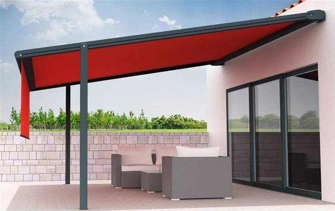 Store pergola en aluminium motorisée toile rétractable Dickson Max adossée sur-mesure
