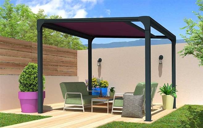 Pergola en aluminium motorisée toile enroulable Dickson Max autoportée sur-mesure