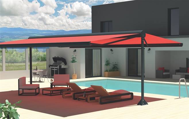 Store abris terrasse double pente 265 toile Telya sur-mesure