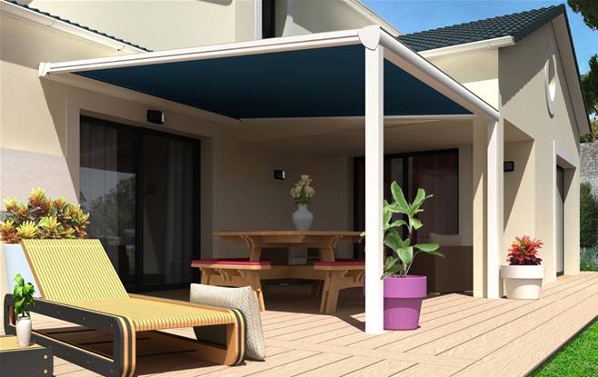 Pergola en aluminium motorisée toile enroulable Dickson MAX adossée sur-mesure